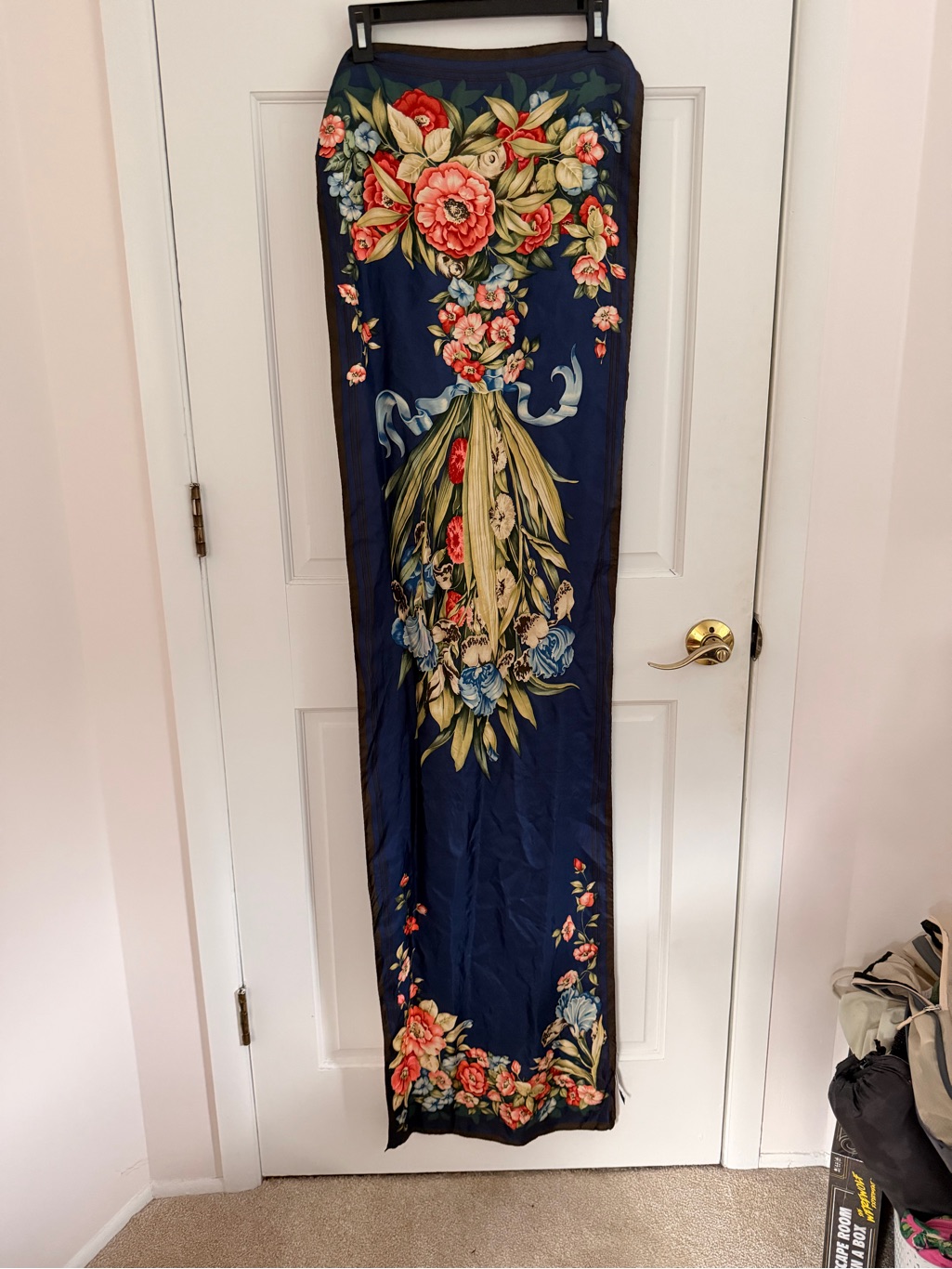 Navy Floral 100 Silk Long Scarf